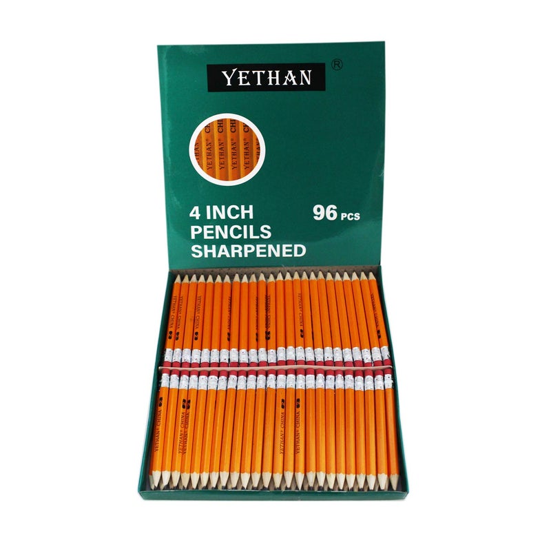 YETHAN 96Pcs Golf Pencils with Eraser Tops,Hexagon Wooden pencils, Pre Sharpened 2# HB Half Pencils for kids Golf School Office 4"" Mini Pencils 96 count/Box